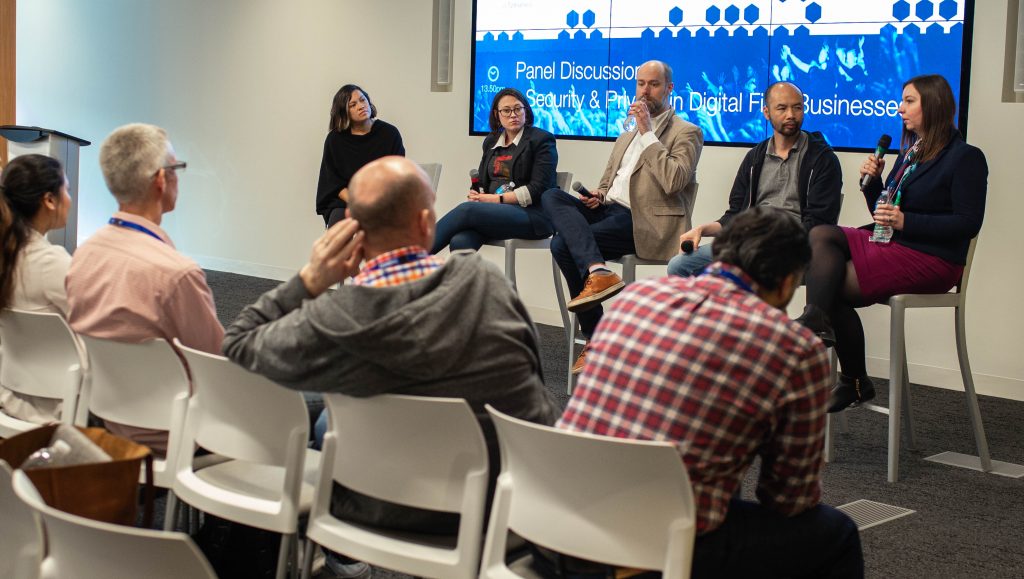 Panel discussions in Node Day 2018 Toronto with Tara Z. Manicsic, Jory Burson, Kyle Hodgson, Joel Chen, and Briana Brownell