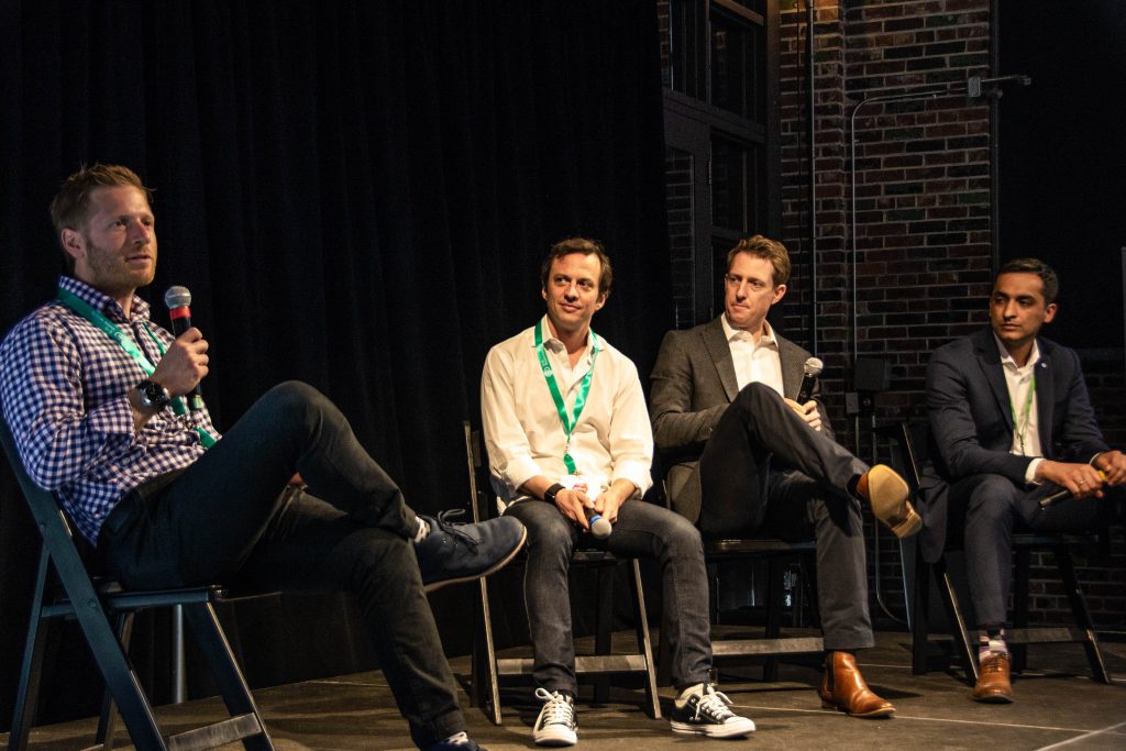 Panel speakers at Mobey Day 2018 with Jake Tyler from Finn.ai, Sasha Caskey from Kasisto, and Gurpreet Singh from BMO