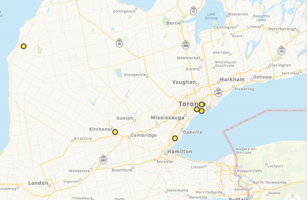 Map with dots showing the locations of the Say Yeah team spread out across Ontario.