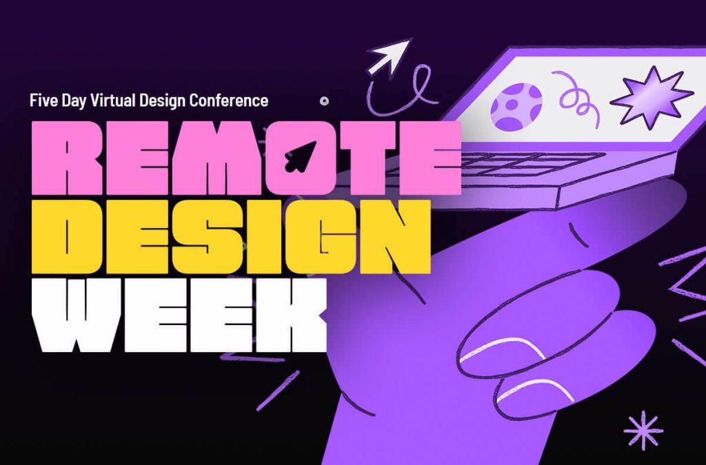Remote Design week promo with an illustration of a hand holding a laptop