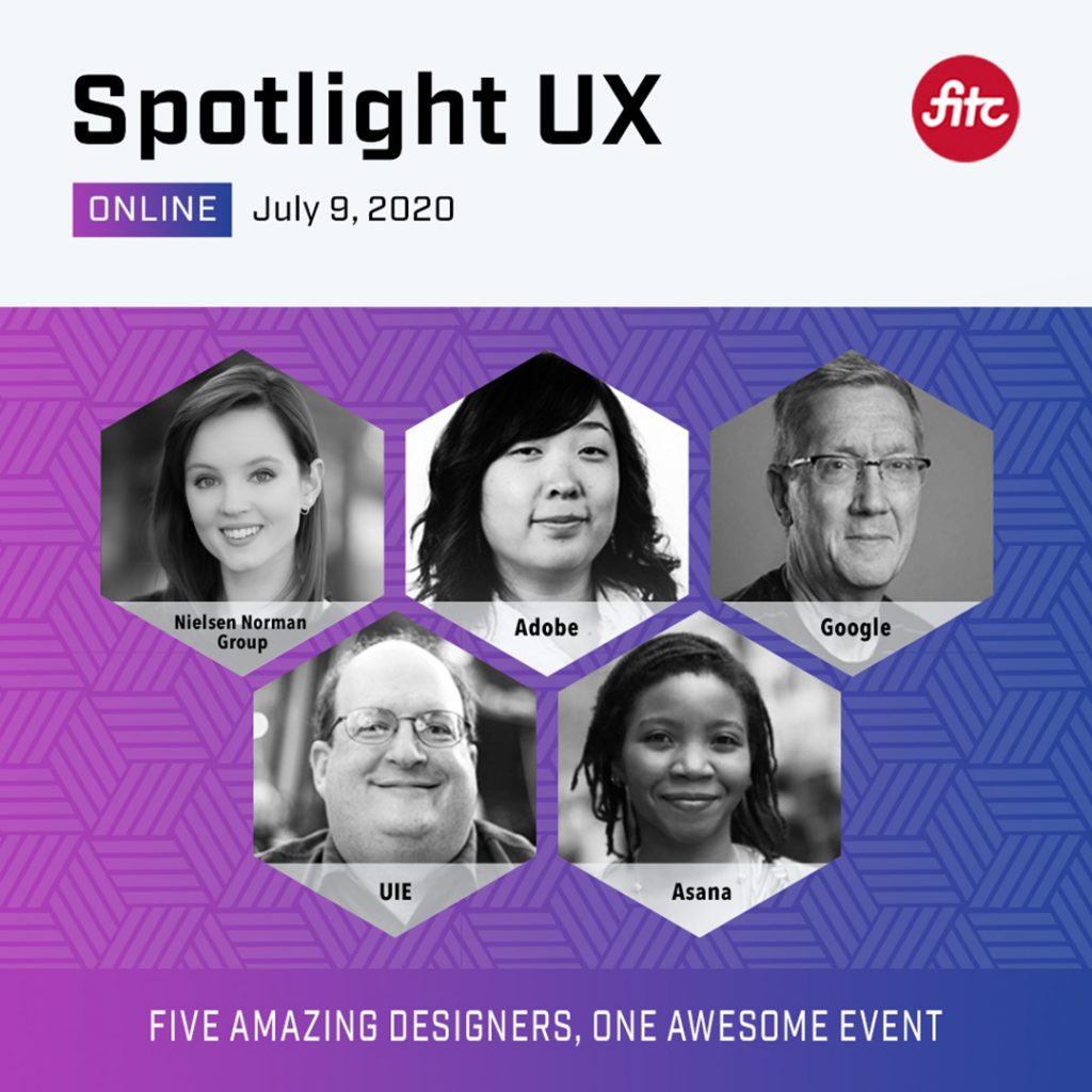 Spotlight UX 2020 lineup card featuring speakers from Nielsen Norman Group, Adobe, Google, UIE, and Asana.