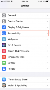 iOS settings, with the accessibility option shown in a red box