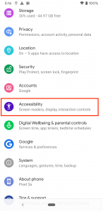 Menu options on Android, with Accessibility highlighted
