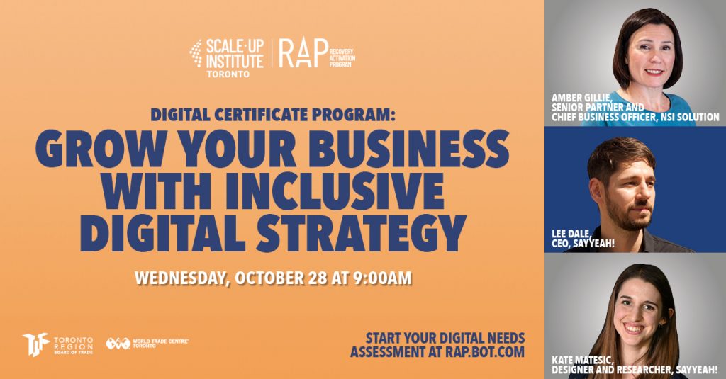 Promo graphic for the workshop, showing Kate, Lee and Amber next to text stating Grow your business with inclusive digital strategy