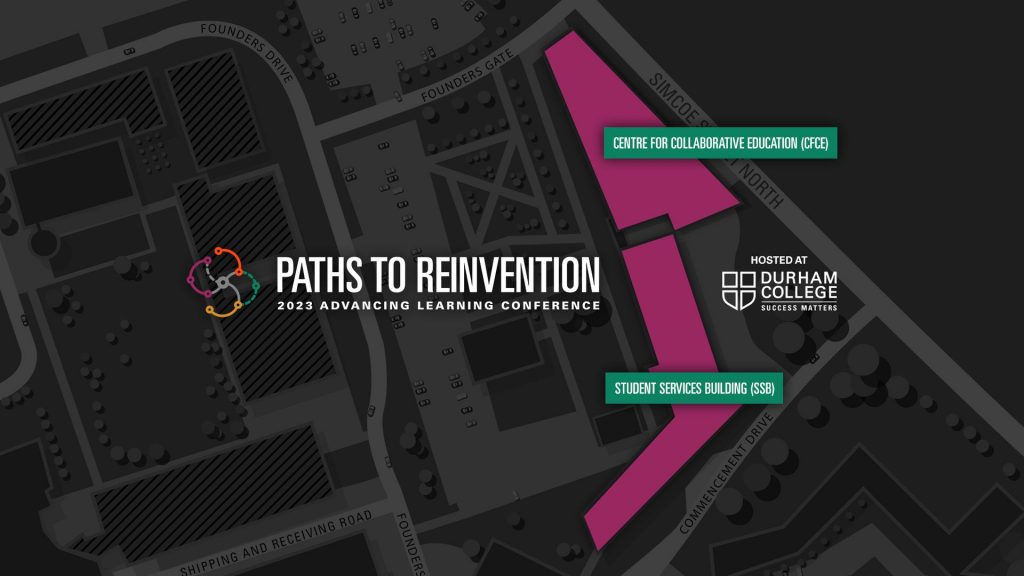 Advancing Learning Conference invite card for 2023 theme, Paths to Reinvention, hosted at Durham College