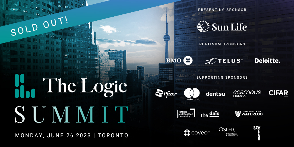 The Logic summit sponsors logo banner. Sponsors mentioned include: Say Yeah, Sun Life, Telus, eCampus, dentsu, BMO, Pfizer, Deloitte, Toronto Metropolitan University, Coveo, Osler, Cifar, the Dais, University of Waterloo