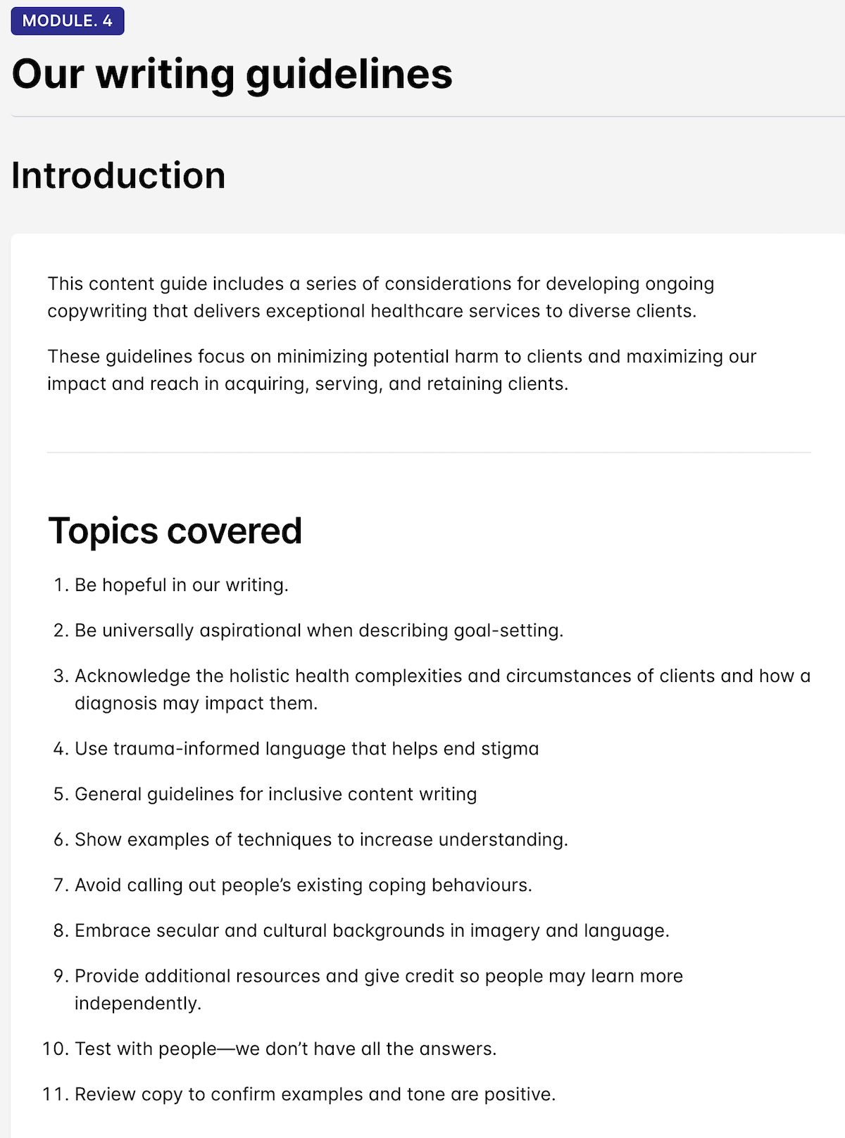 A screenshot of the table of contents of an inclusive writing guide the Say Yeah team created to help a health services client be inclusive in serving their diverse market base, highlighting 12 key approaches to writing more inclusively and considerately.