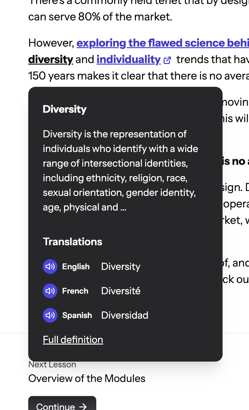 An inline glossary term overlay showing that selecting a keyword in a course shows a preview definition as well as options to listen and read the term in multiple languages.