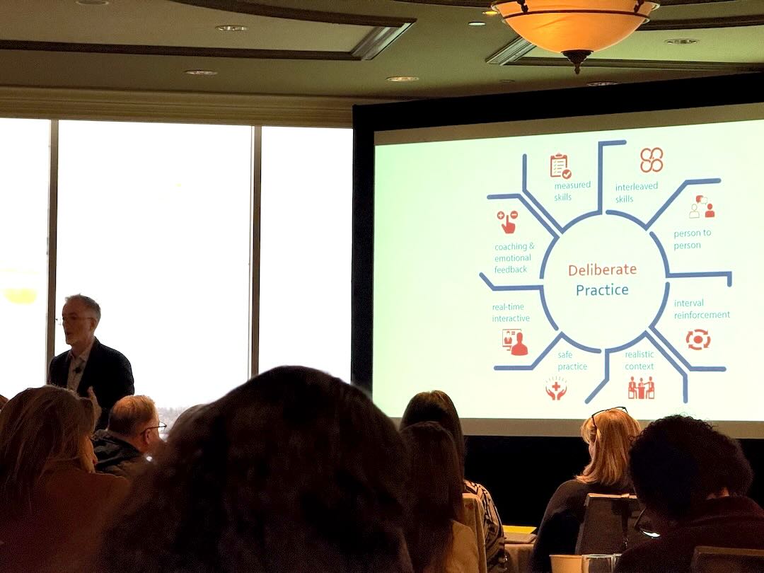 This slide highlights the key spokes of the deliberate practice wheel, including: interleaved skills, person-to-person learning, interval reinforcement, realistic context, safe practice, real-time interactive engagements, coaching & emotional feedback, and measured skills.