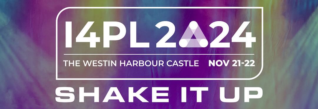 The I4PL 2024 Conference banner. The theme is "shake it up" with a splash of spotlit purple, yellow, and blue colours.