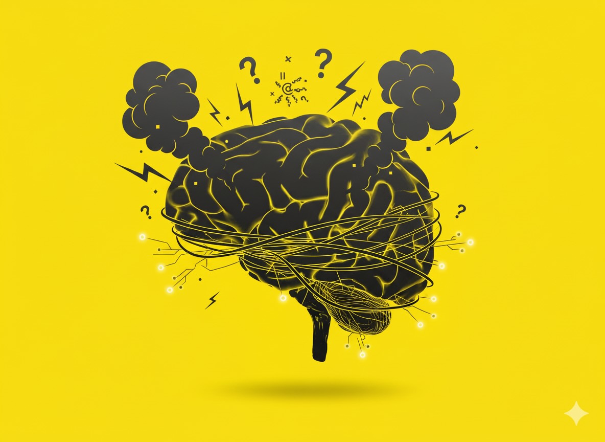 An illustration of a brain overwhelmed by information and constraints where it because to smoke.